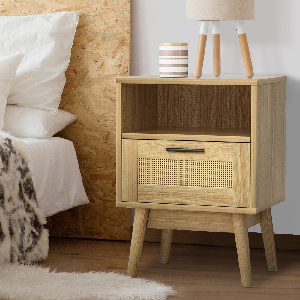 Rei Rattan Bedside Table 1 Drawer with Shelf - Oak