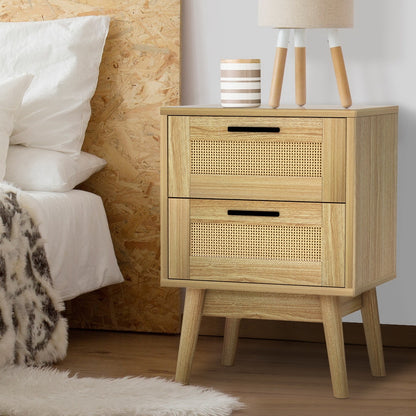 Rie Rattan Bedside Table 2 Drawers Wood - Oak