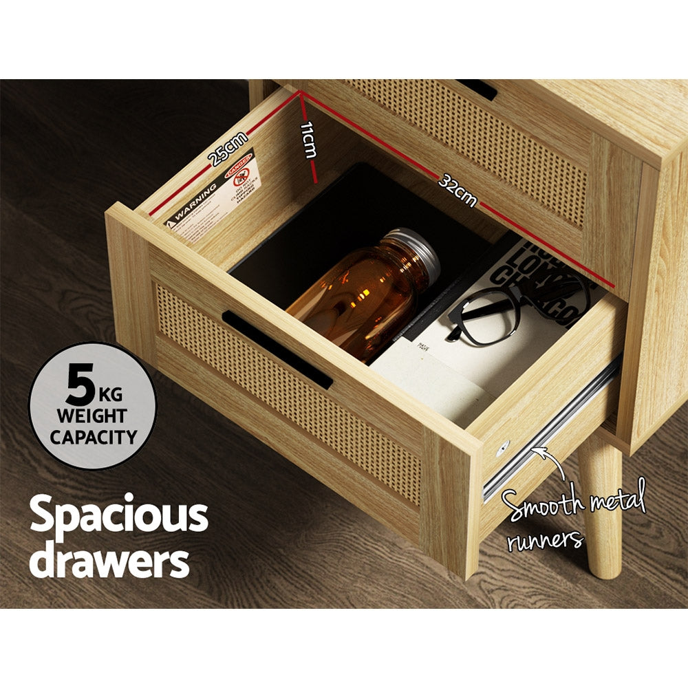 Rie Rattan Bedside Table 2 Drawers Wood - Oak