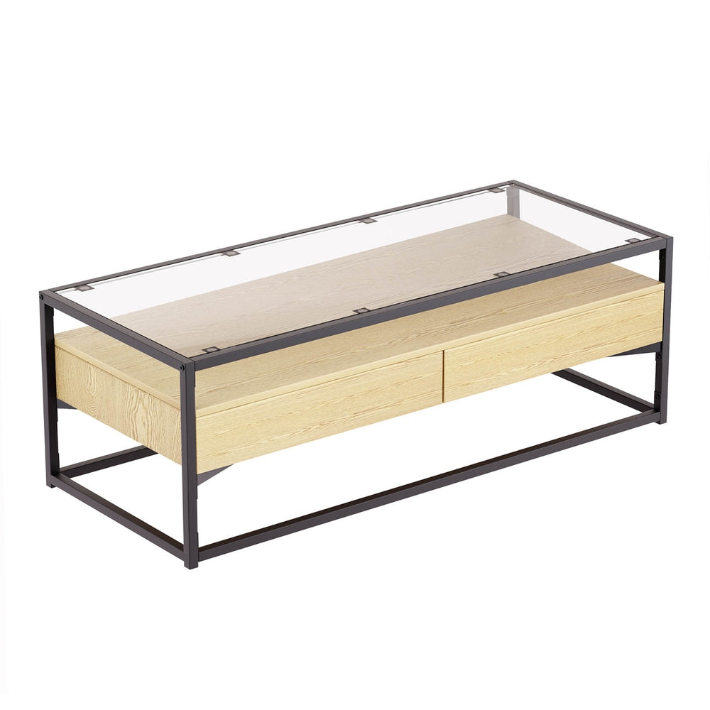 Pine Glass Tabletop Coffee Table 2 Drawers
