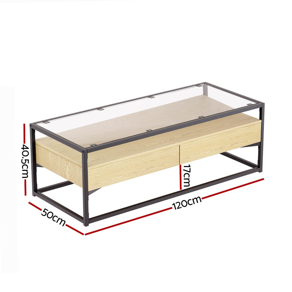 Pine Glass Tabletop Coffee Table 2 Drawers