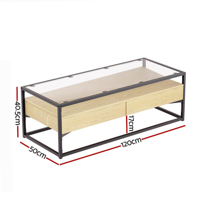 Pine Glass Tabletop Coffee Table 2 Drawers
