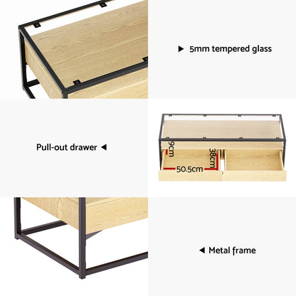 Pine Glass Tabletop Coffee Table 2 Drawers