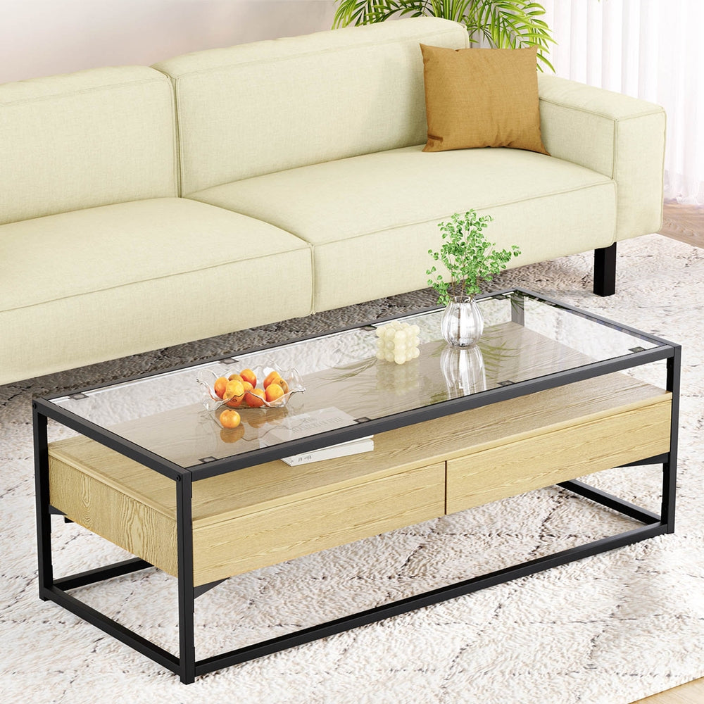Pine Glass Tabletop Coffee Table 2 Drawers