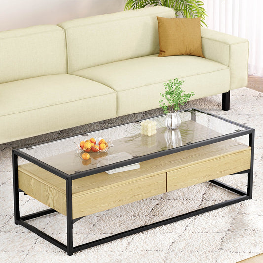 Pine Glass Tabletop Coffee Table 2 Drawers