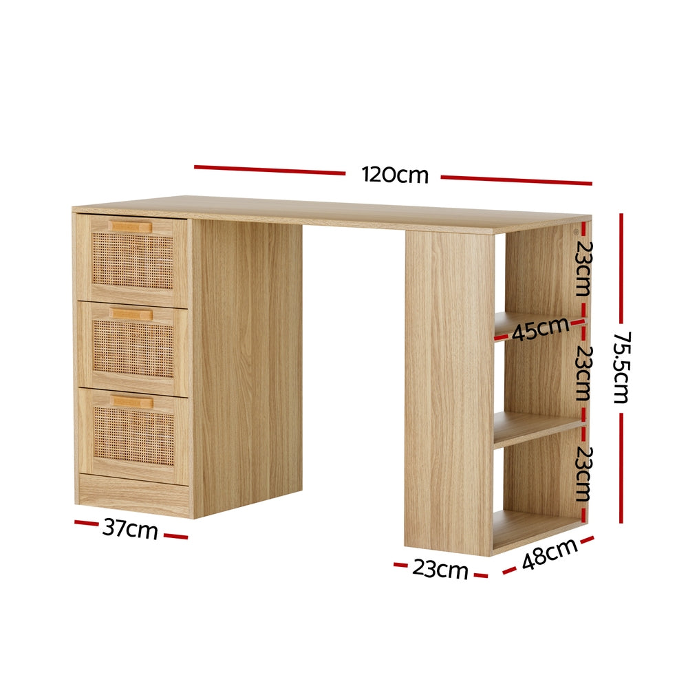 Computer Desk Drawer Shelf Home Office Study Table 120CM - Rattan Oak