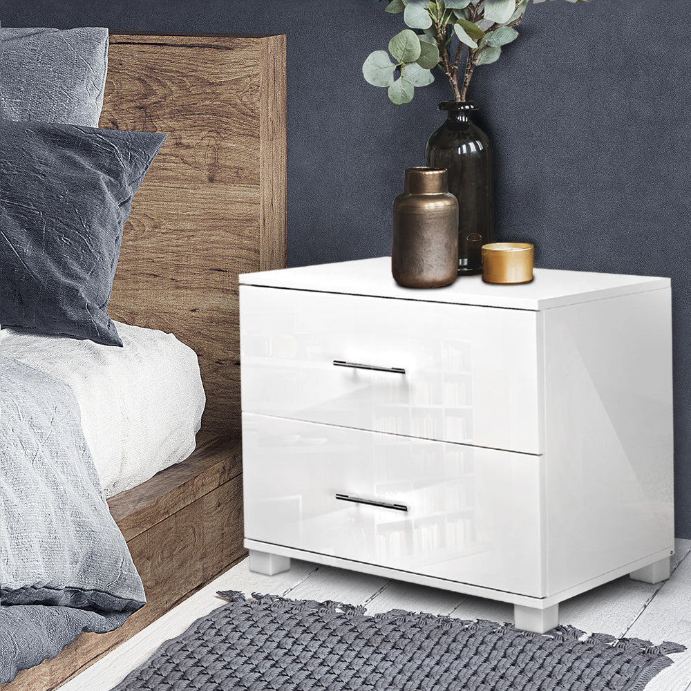 High Gloss Bedside Table 2 Drawers - White