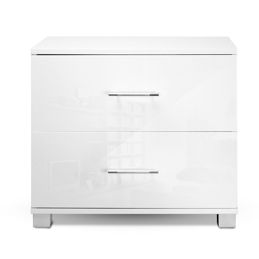 High Gloss Bedside Table 2 Drawers - White