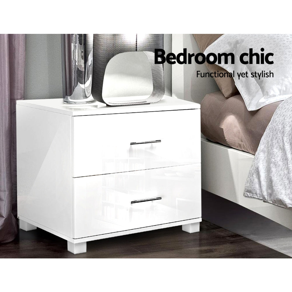 High Gloss Bedside Table 2 Drawers - White
