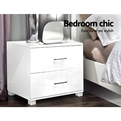 High Gloss Bedside Table 2 Drawers - White