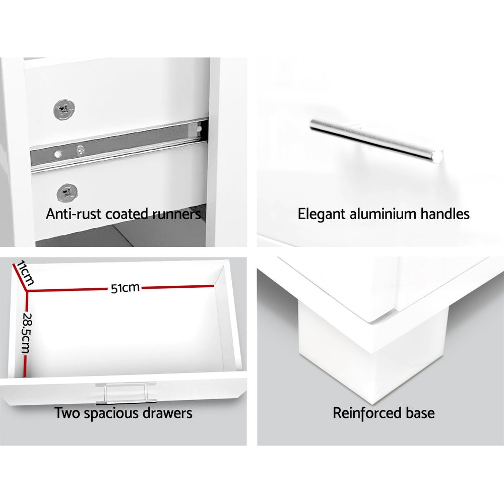 High Gloss Bedside Table 2 Drawers - White
