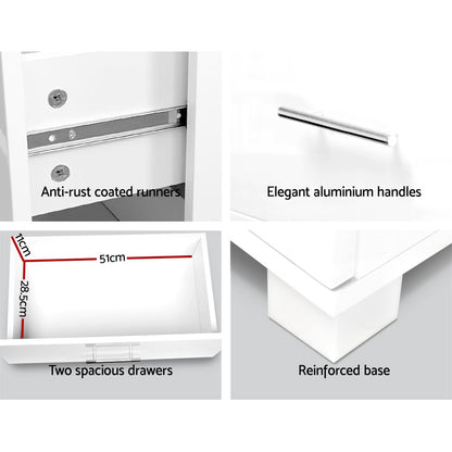High Gloss Bedside Table 2 Drawers - White