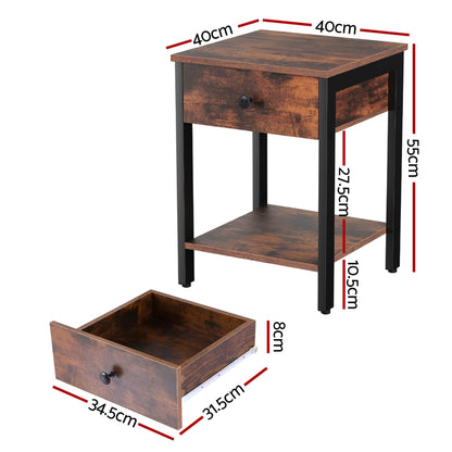 Bedside Table Nightstand 1 Drawer Shelves - Walnut