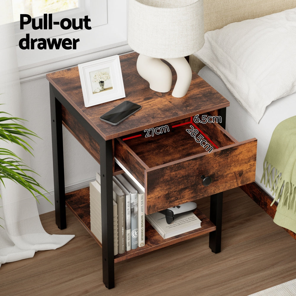 Bedside Table Nightstand 1 Drawer Shelves - Walnut