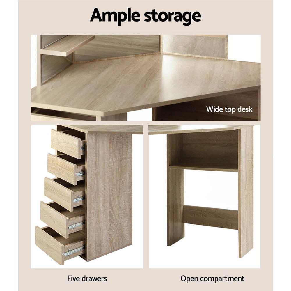 Dressing Table Stool Set Corner 5 Drawers - Oak