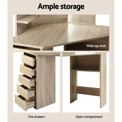 Dressing Table Stool Set Corner 5 Drawers - Oak