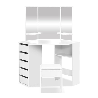 Dressing Table Stool Set Corner 5 Drawers - White