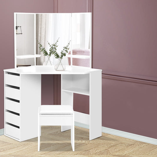 Dressing Table Stool Set Corner 5 Drawers - White