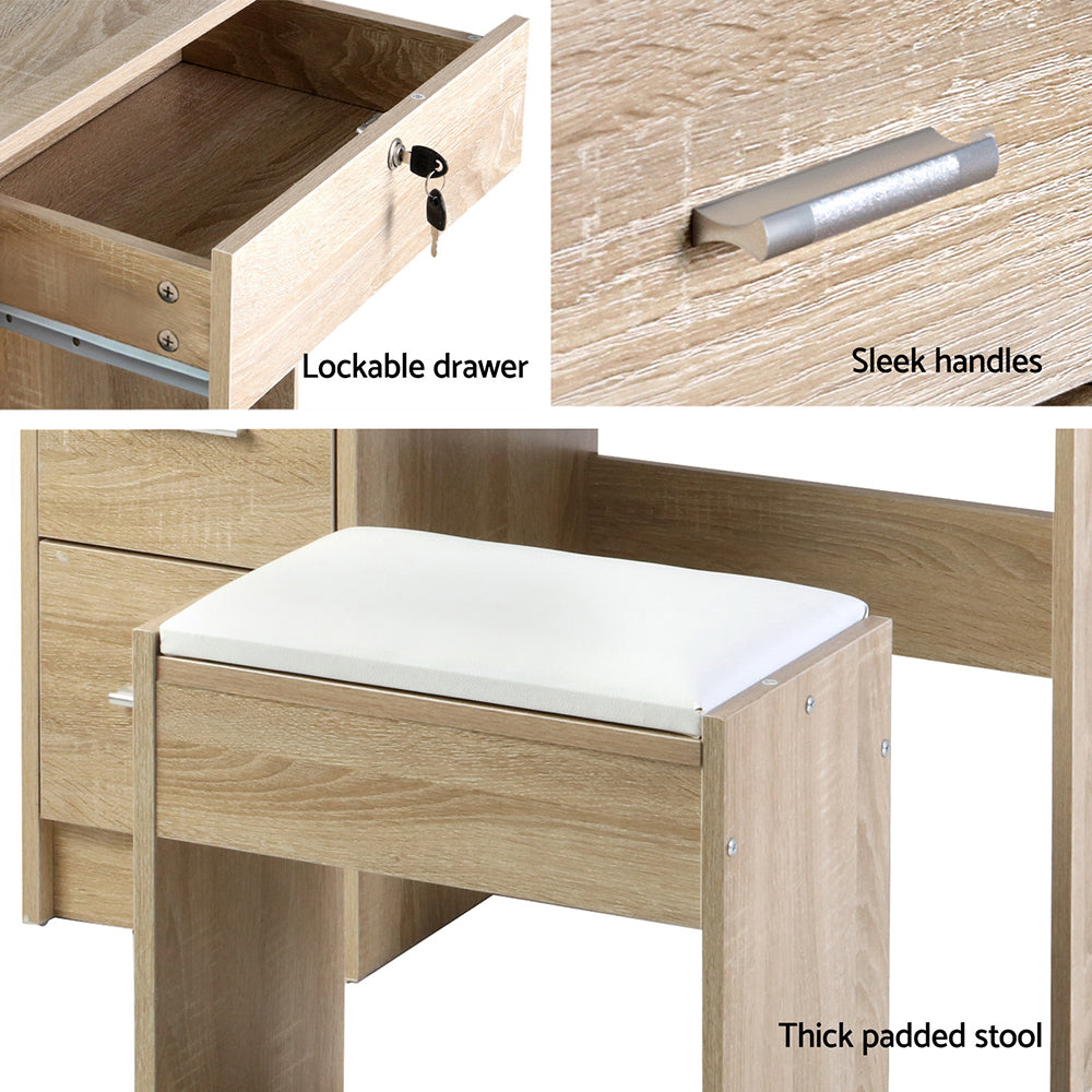 Diane Dressing Table & Stool Set with Sliding Mirror - Oak