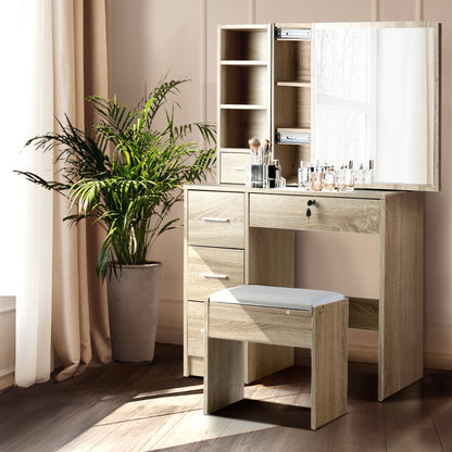 Diane Dressing Table & Stool Set with Sliding Mirror - Oak