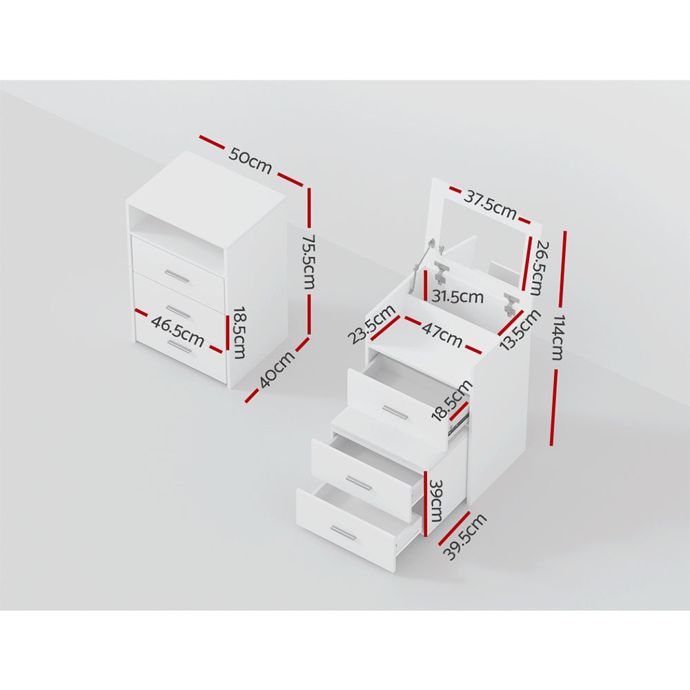 2-in-1 Dressing Table Stool Set Bedside Table - White