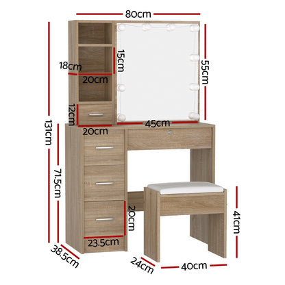 Hollywood Dressing Table Set Stool 10 LED Bulbs - Wood