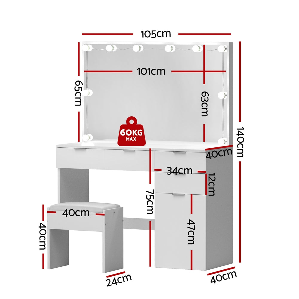 Dressing Table Set Stool 10 LED Bulbs - White