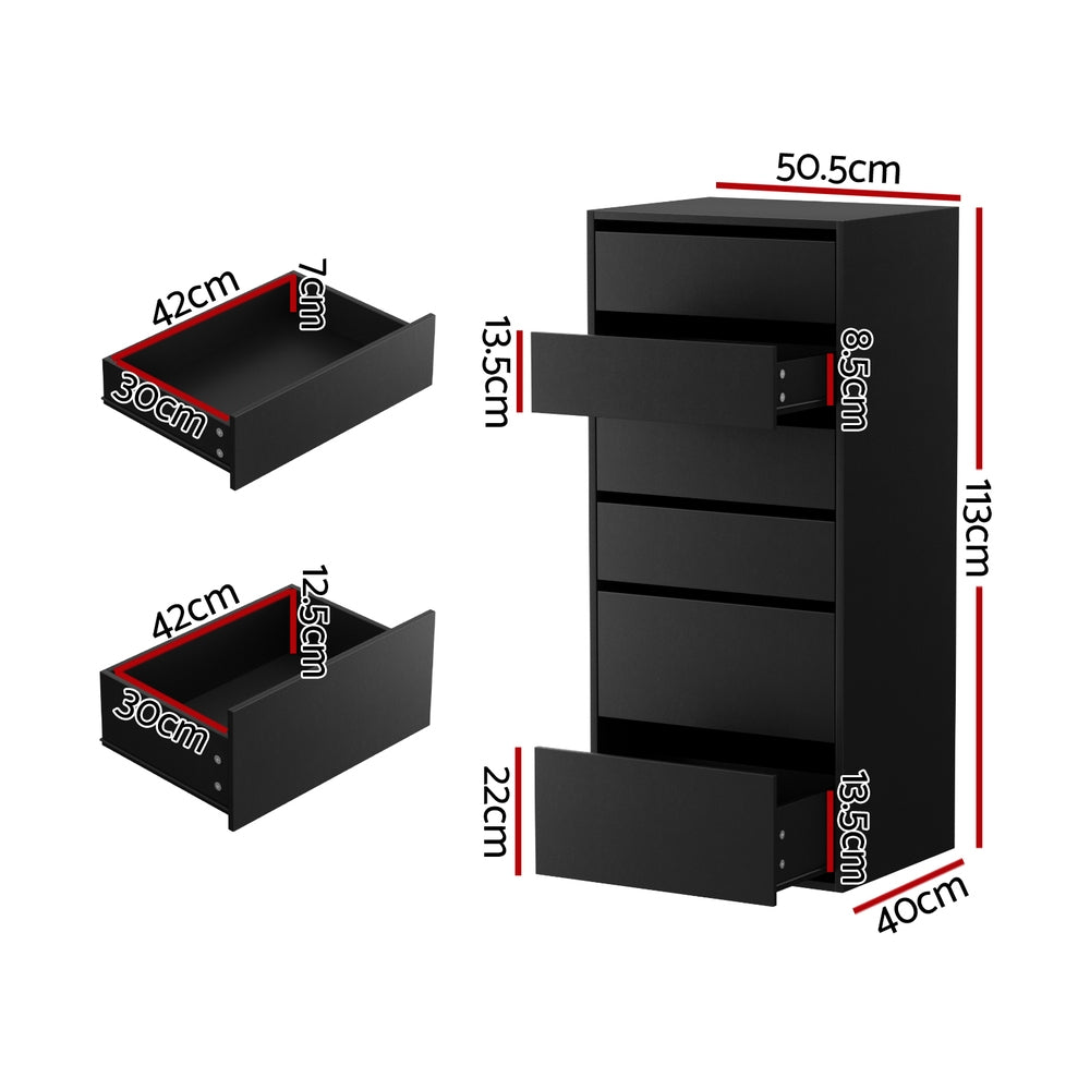 6 Chest of Drawers Dresser Tallboy - Black