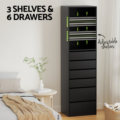 6 Chest of Drawers Tallboy Cabinet - Black