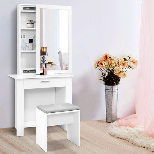 Demi Dressing Table Stool Set Sliding Mirror - White