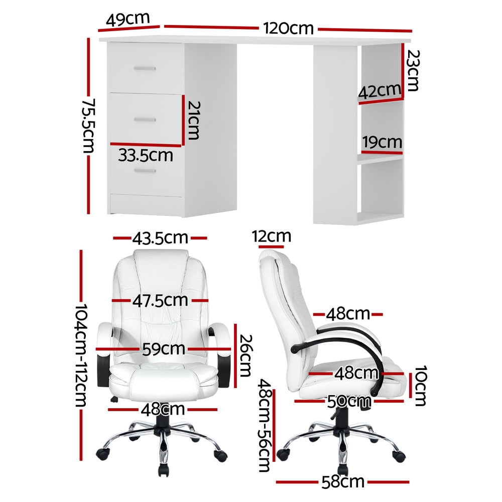 Computer Desk 120cm with Executive Office Chair Set - White