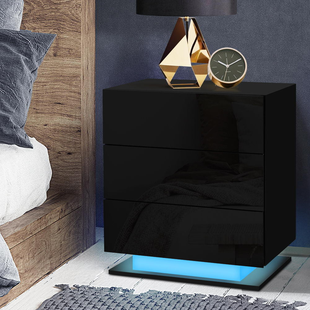 Mori LED Bedside Table 3 Drawers - Black