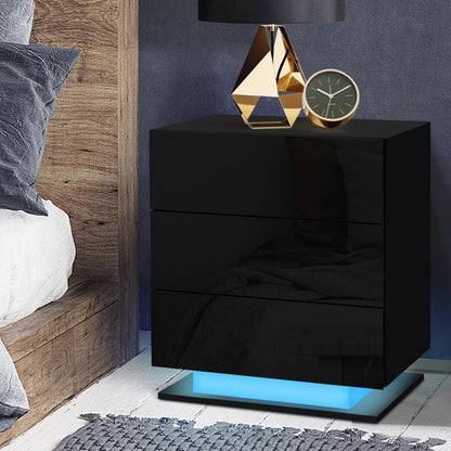 Mori LED Bedside Table 3 Drawers - Black