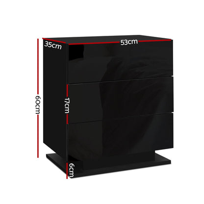 Mori LED Bedside Table 3 Drawers - Black