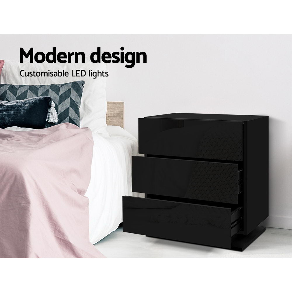 Mori LED Bedside Table 3 Drawers - Black