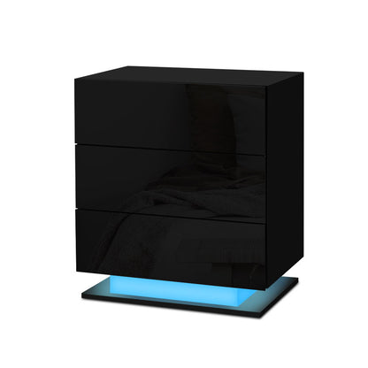 Mori LED Bedside Table 3 Drawers - Black