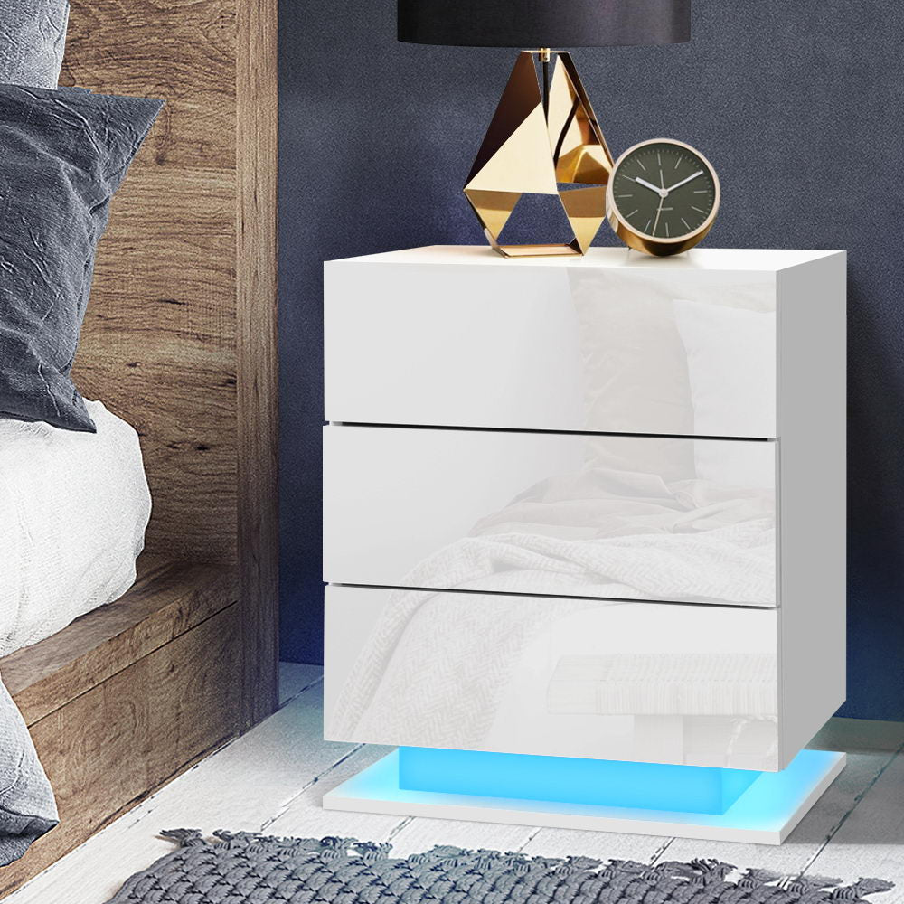 Mori LED Bedside Table 3 Drawers - White