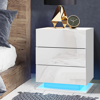 Mori LED Bedside Table 3 Drawers - White