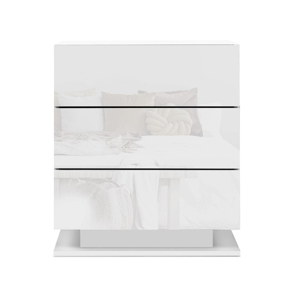 Mori LED Bedside Table 3 Drawers - White