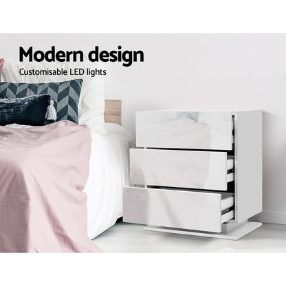 Mori LED Bedside Table 3 Drawers - White