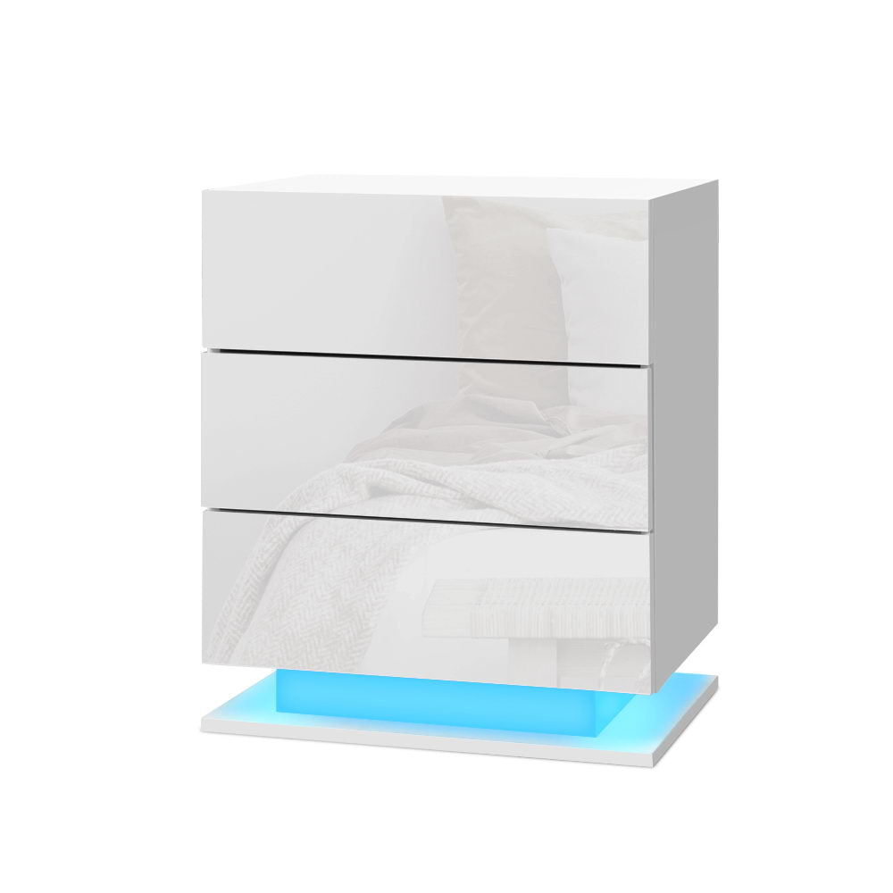 Mori LED Bedside Table 3 Drawers - White