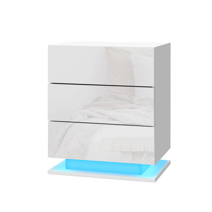 Mori LED Bedside Table 3 Drawers - White