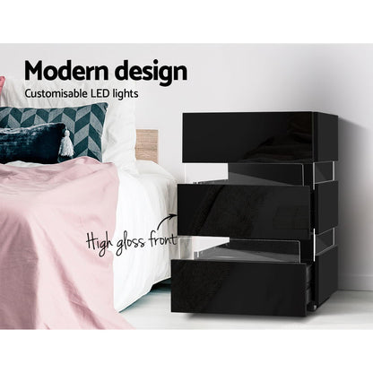 Lumi LED Bedside Table 3 Drawers - Black