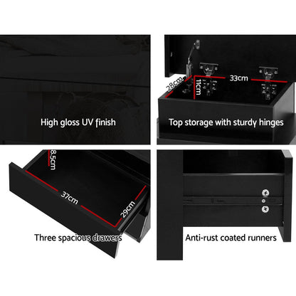 Coley LED Bedside Table 3 Drawers - Black