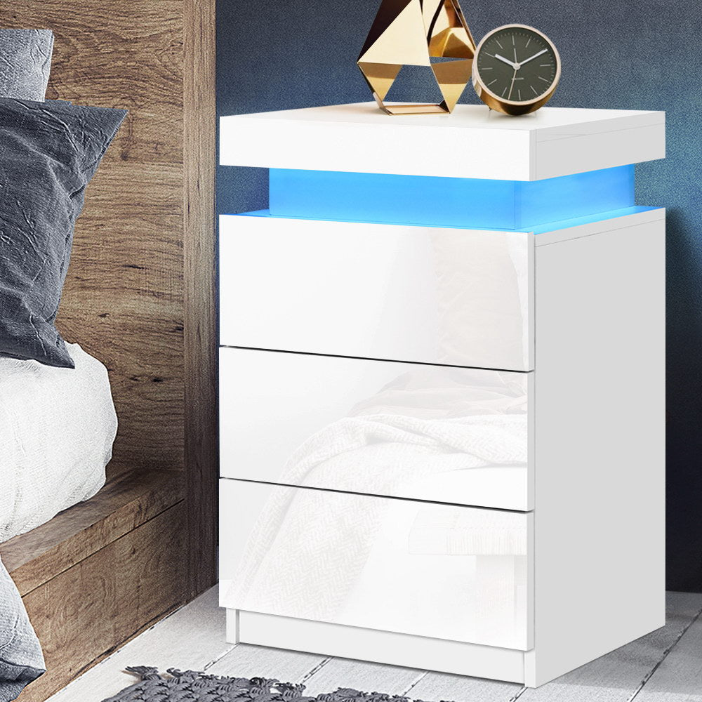 Coley LED Bedside Table 3 Drawers - White