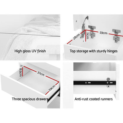 Coley LED Bedside Table 3 Drawers - White