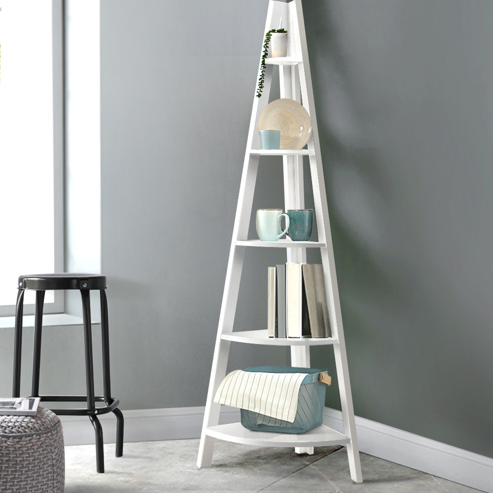 Cane Bookshelf Corner Shelf 5 Tiers - White