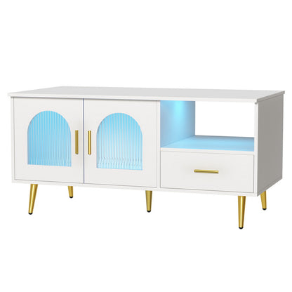 LED Coffee Table Shelf Drawer Storage - White