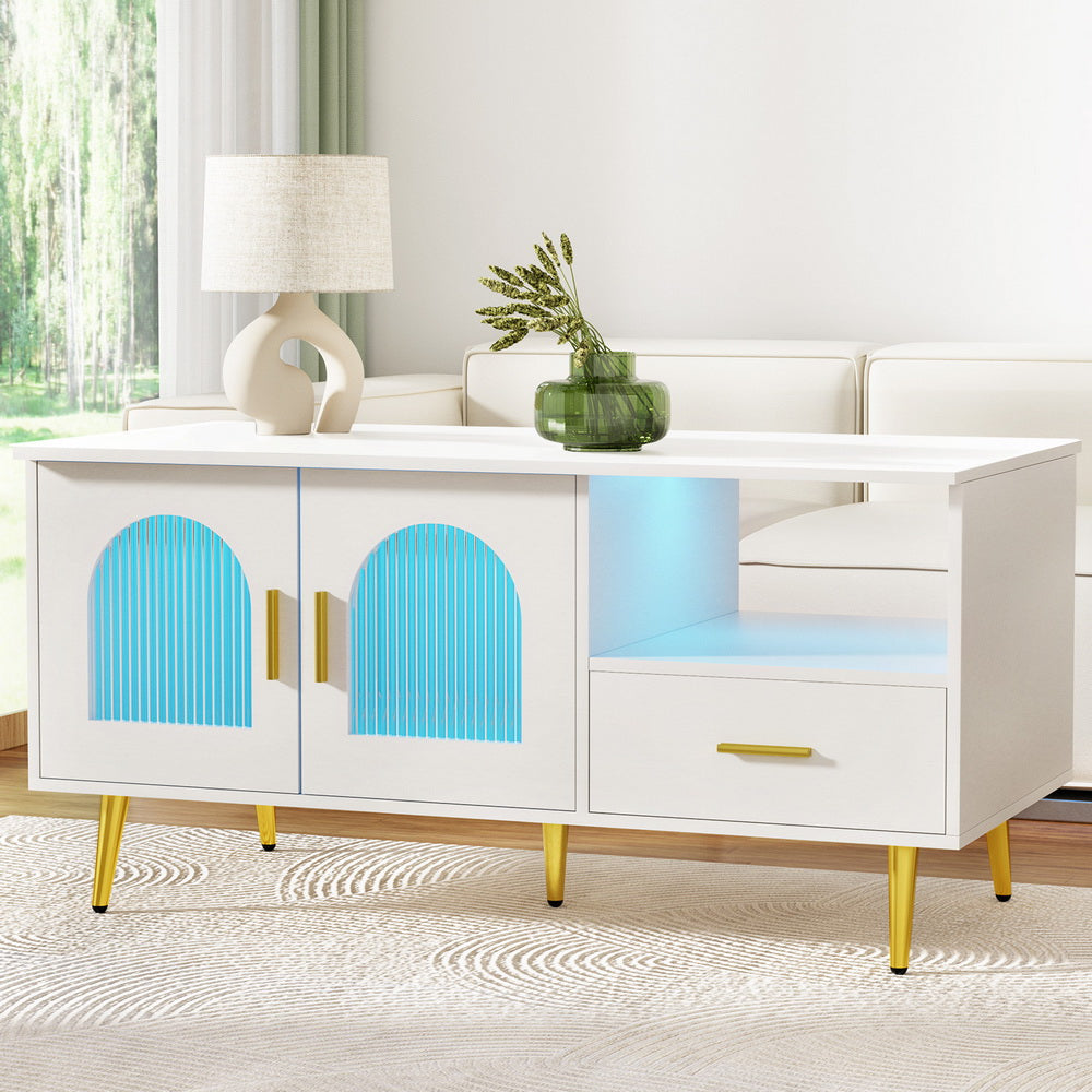 LED Coffee Table Shelf Drawer Storage - White