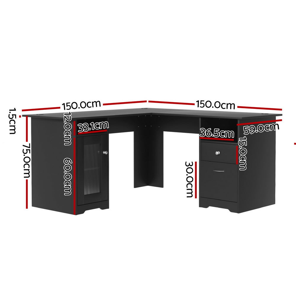 Computer Desk Home Office L-shaped Corner Table with Storage - Black